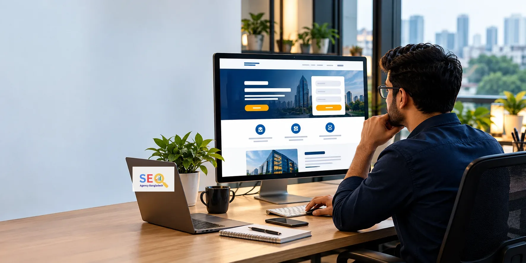 Website redesign specialist reviewing a modern business website in a professional workspace