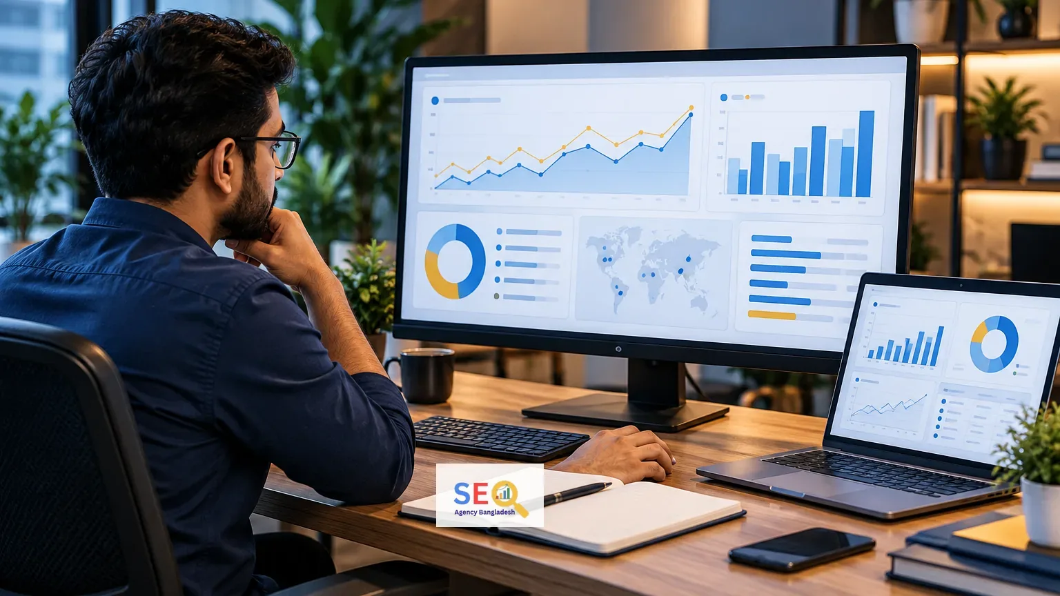 Website redesign specialist reviewing analytics and technical website signals during quality assurance