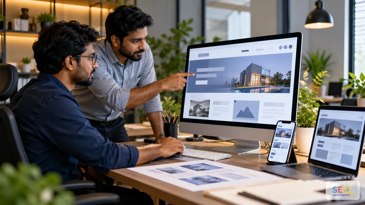 Web specialists reviewing responsive website layouts and development quality on a large screen