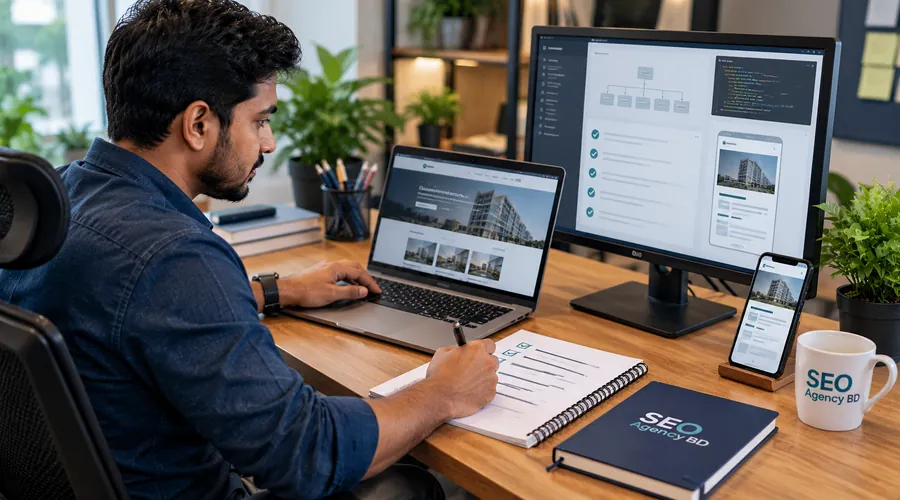 Bangladesh SEO specialist checking a website across desktop and mobile after technical fixes
