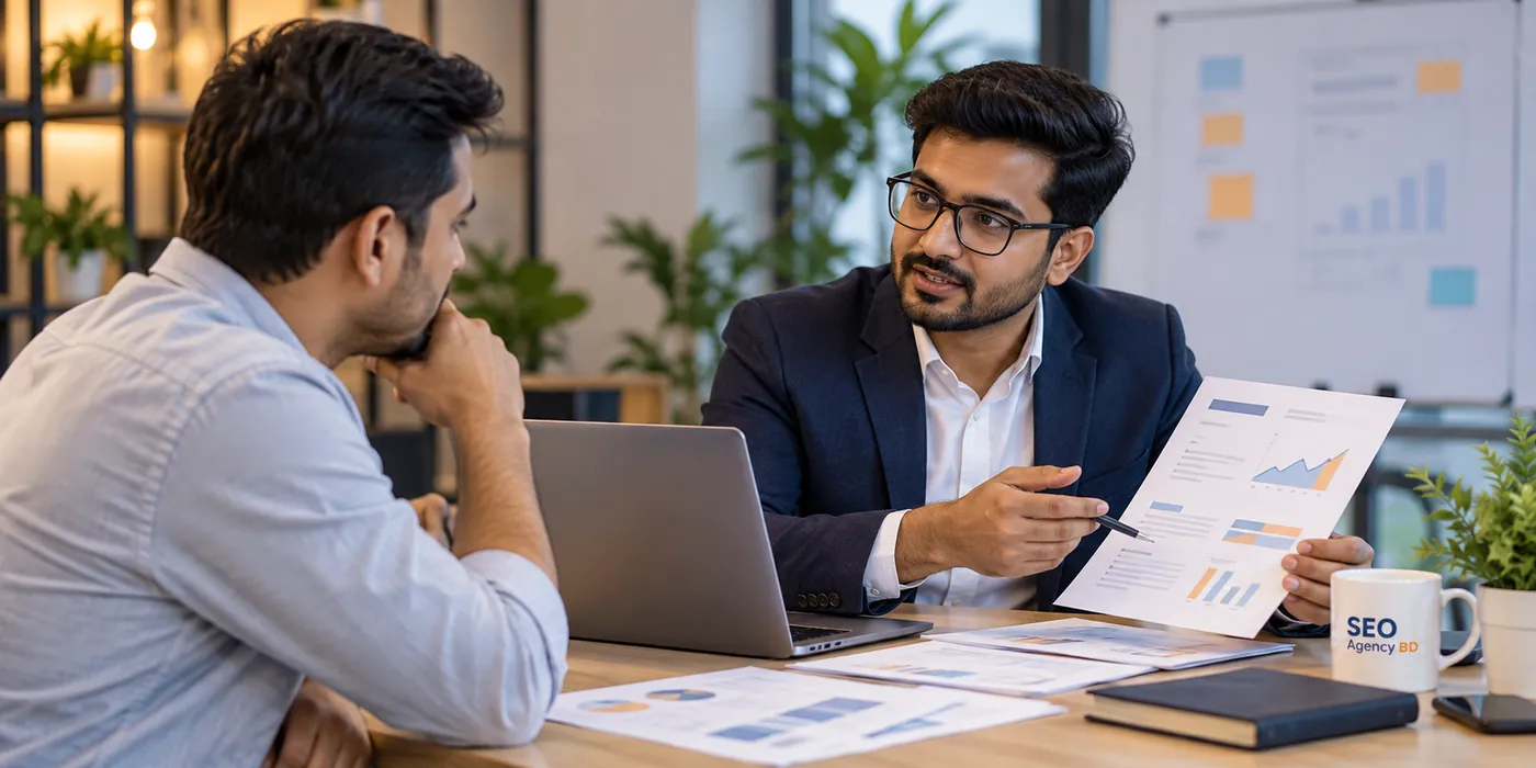 SEO consultant reviewing a traffic recovery roadmap with a Bangladesh business decision-maker