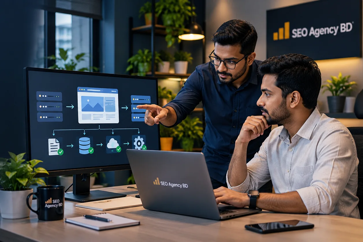 Website migration specialists reviewing server transfer and live-site verification graphics