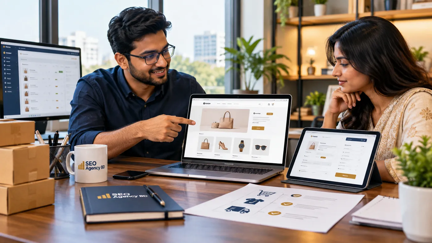 WooCommerce developer reviewing store launch and handoff details with a Bangladesh business owner