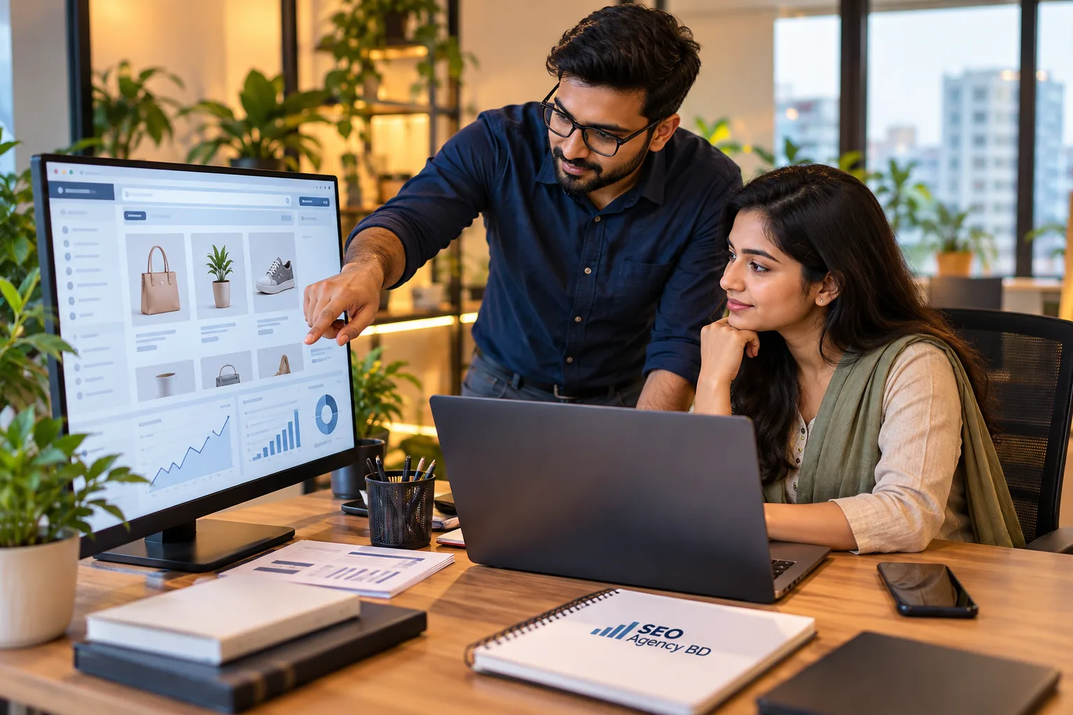 WooCommerce SEO specialist reviewing product pages, category structure and store analytics with a business owner