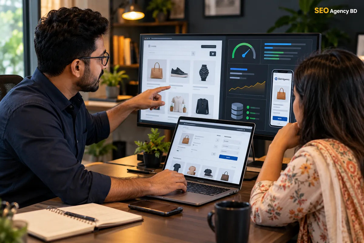 WooCommerce store performance review with product pages and speed data on screen