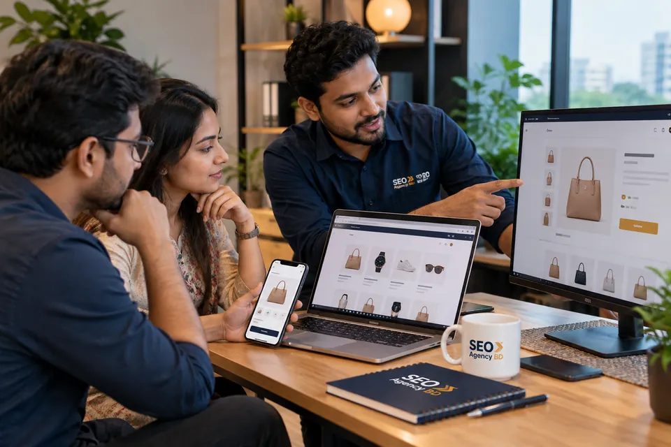 Business owners evaluating a WooCommerce storefront across laptop, phone and desktop screens
