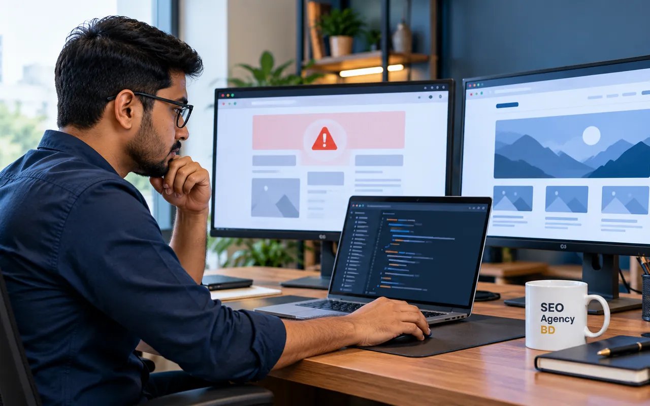 WordPress developer comparing a broken page state with code and a corrected page during troubleshooting