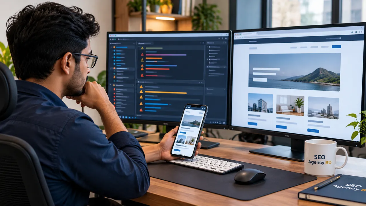 WordPress issue repair specialist checking code, browser errors and the corrected website across devices