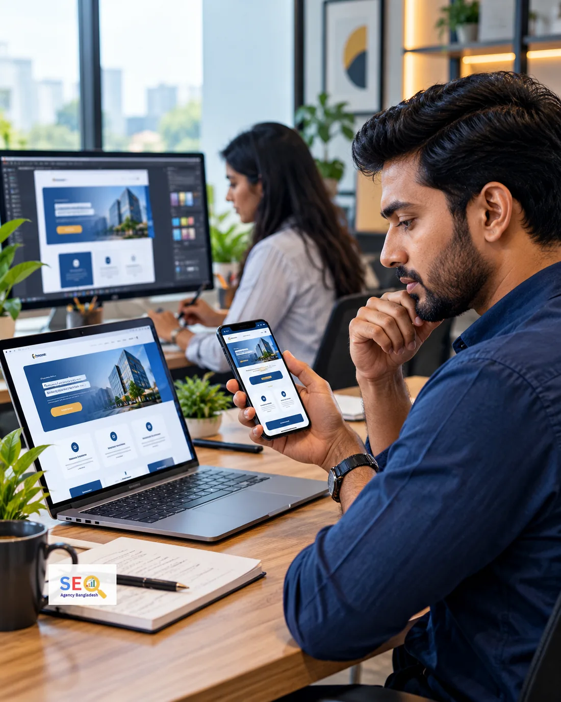 Business decision-maker comparing a responsive landing page on laptop and smartphone
