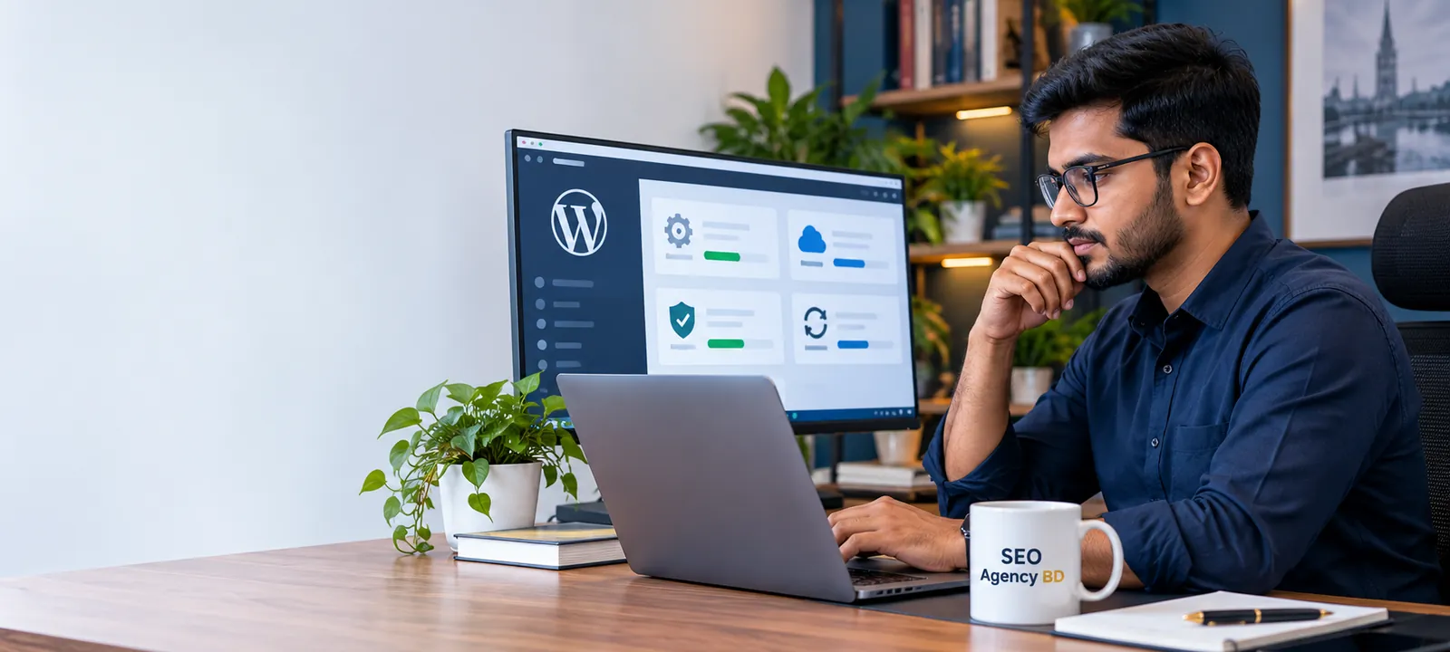 Bangladesh WordPress specialist reviewing update, backup and routine care status in a professional workspace
