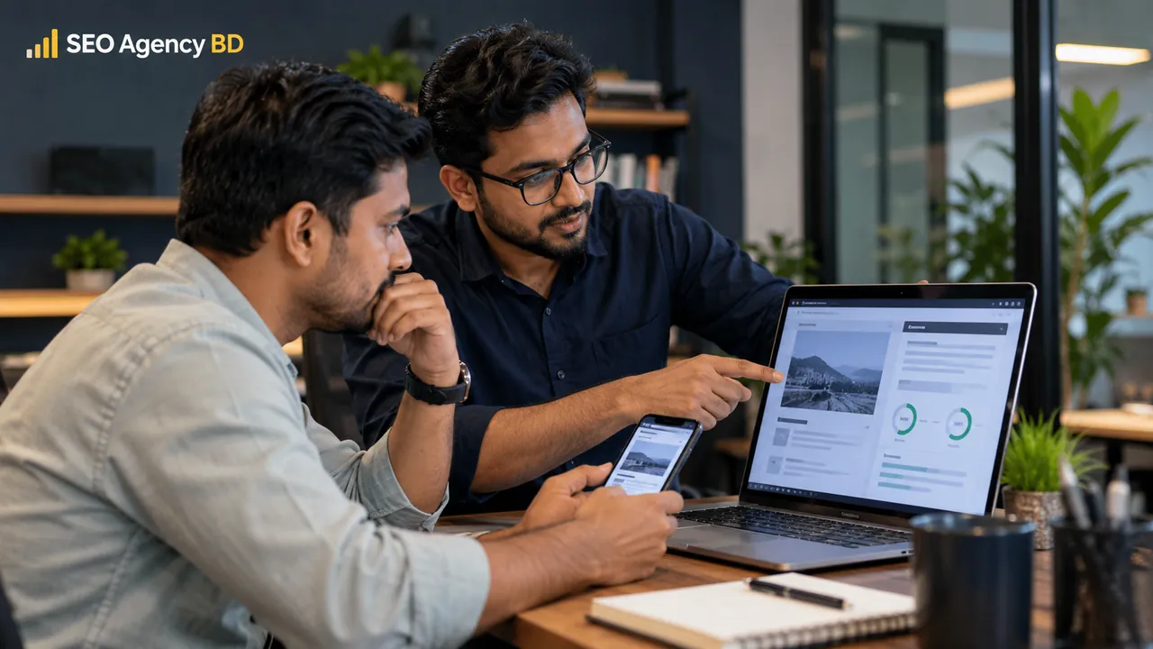 Business owner and SEO specialist reviewing WordPress page speed performance on laptop and mobile