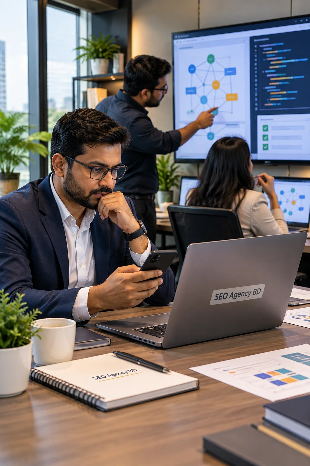 WordPress specialist reviewing a website and technical configuration in a professional office