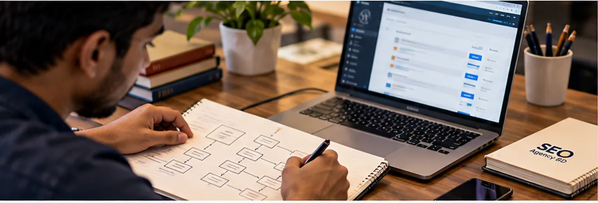WordPress SEO specialist mapping site architecture and optimization workflow beside a laptop