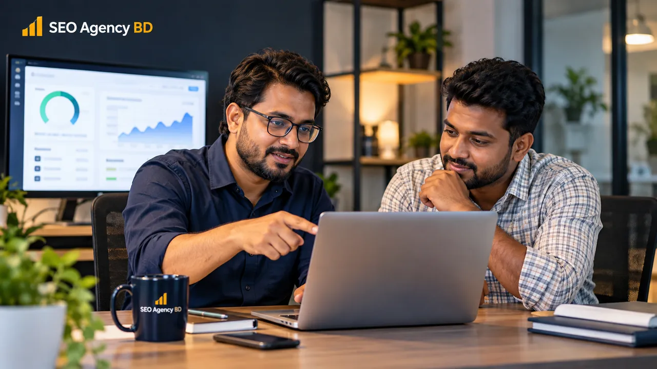 SEO Agency BD consultant discussing WordPress speed findings and next steps with a business owner
