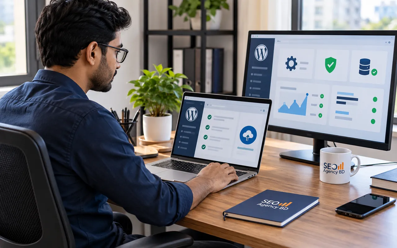 WordPress support specialist reviewing backup, update, monitoring and site care tasks