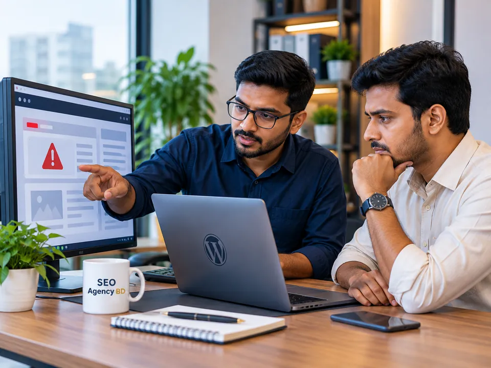 Business owner reviewing an active WordPress website error with a troubleshooting specialist