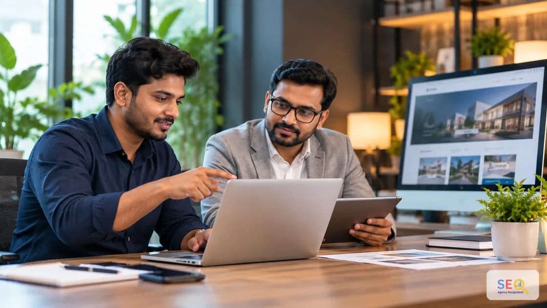 Web specialist and Bangladesh business owner reviewing a website project together
