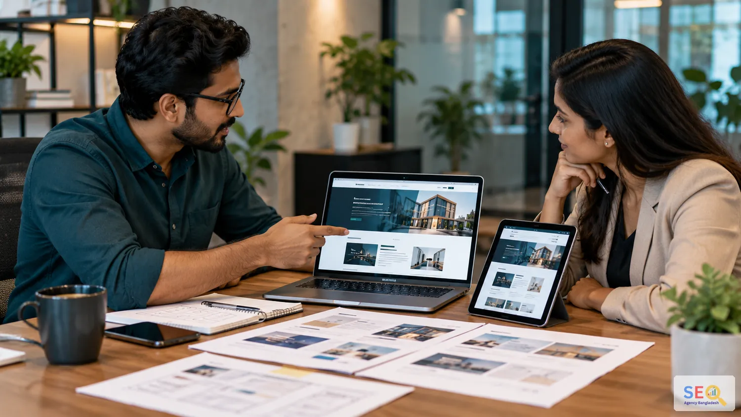 Web professional and business decision-maker reviewing a WordPress website handoff together