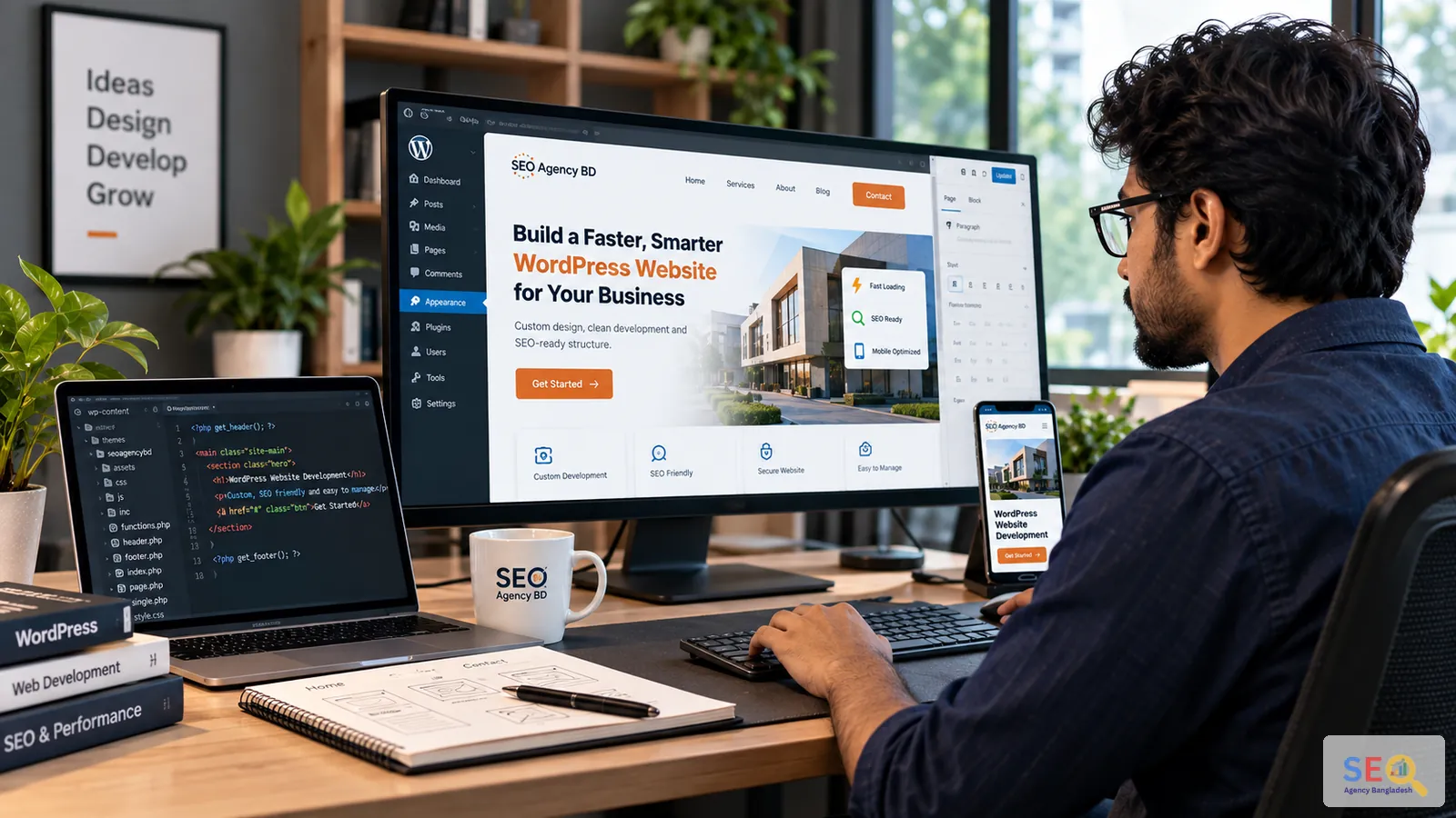 WordPress developer building and reviewing a business website on desktop and mobile screens