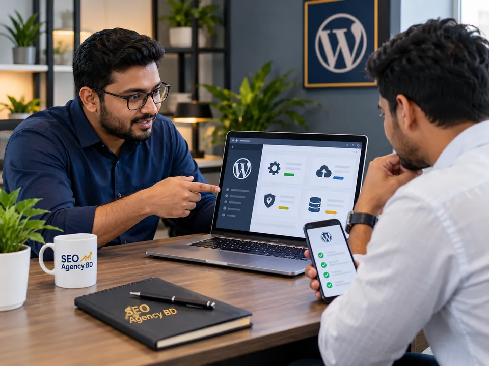 Business owner discussing ongoing WordPress website maintenance with a specialist