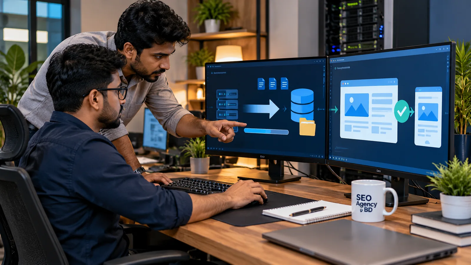 Developers reviewing a website migration workflow with server, database and page transfer graphics