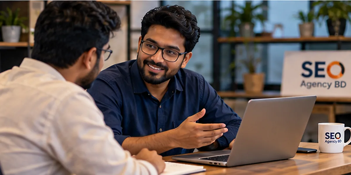SEO consultant discussing WordPress optimization with a Bangladesh business owner
